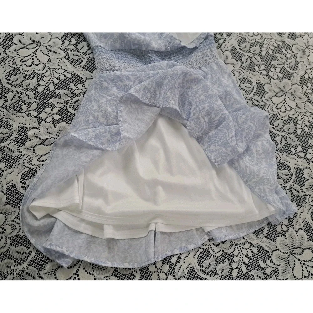 Lulus Mini Dress L Periwinkle Blue Print Puff Sleeve Sweetheart Neckline Smocked